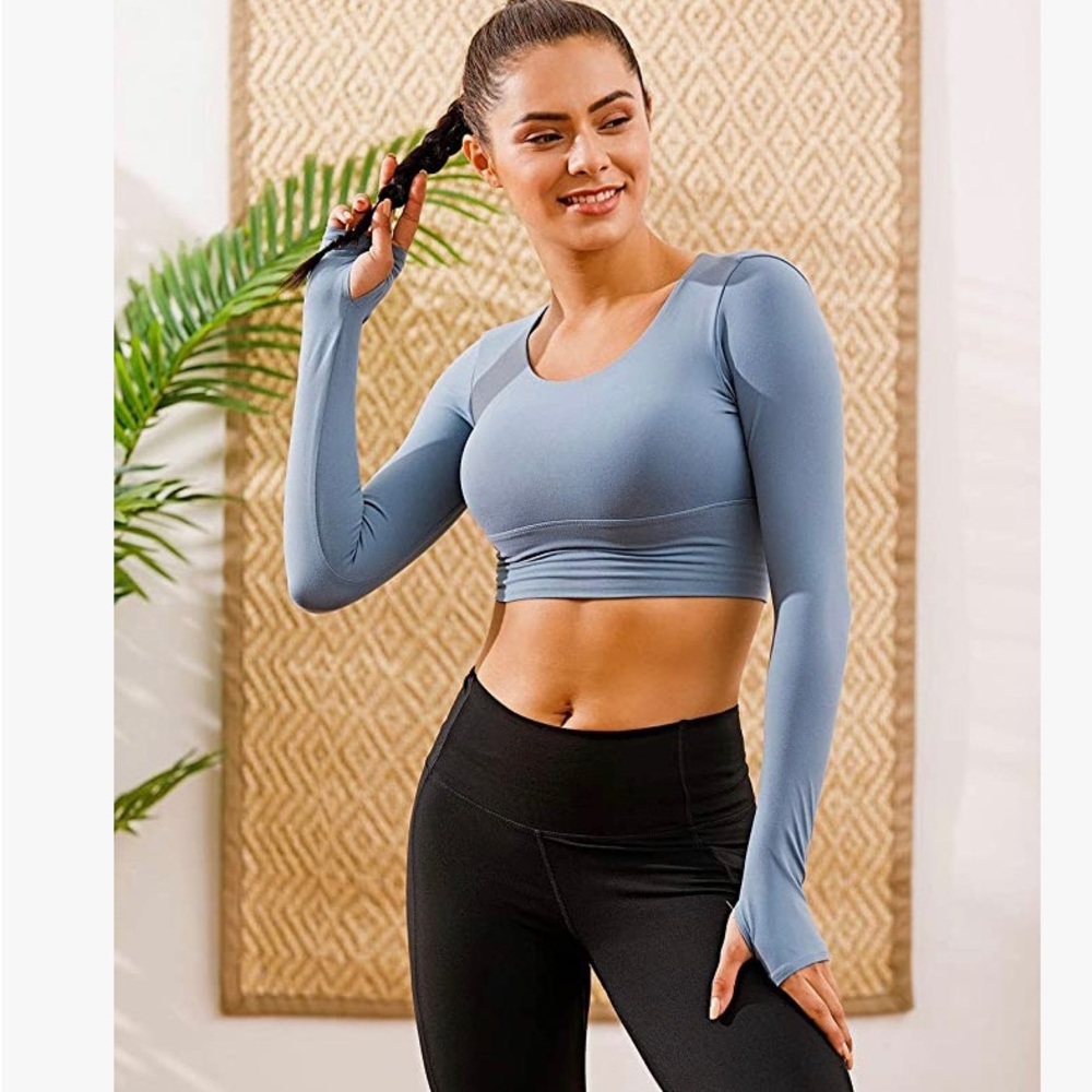 ECUPPER Womens Long Sleeve Sport Crop Top Strappy Padded Backless Yoga Top